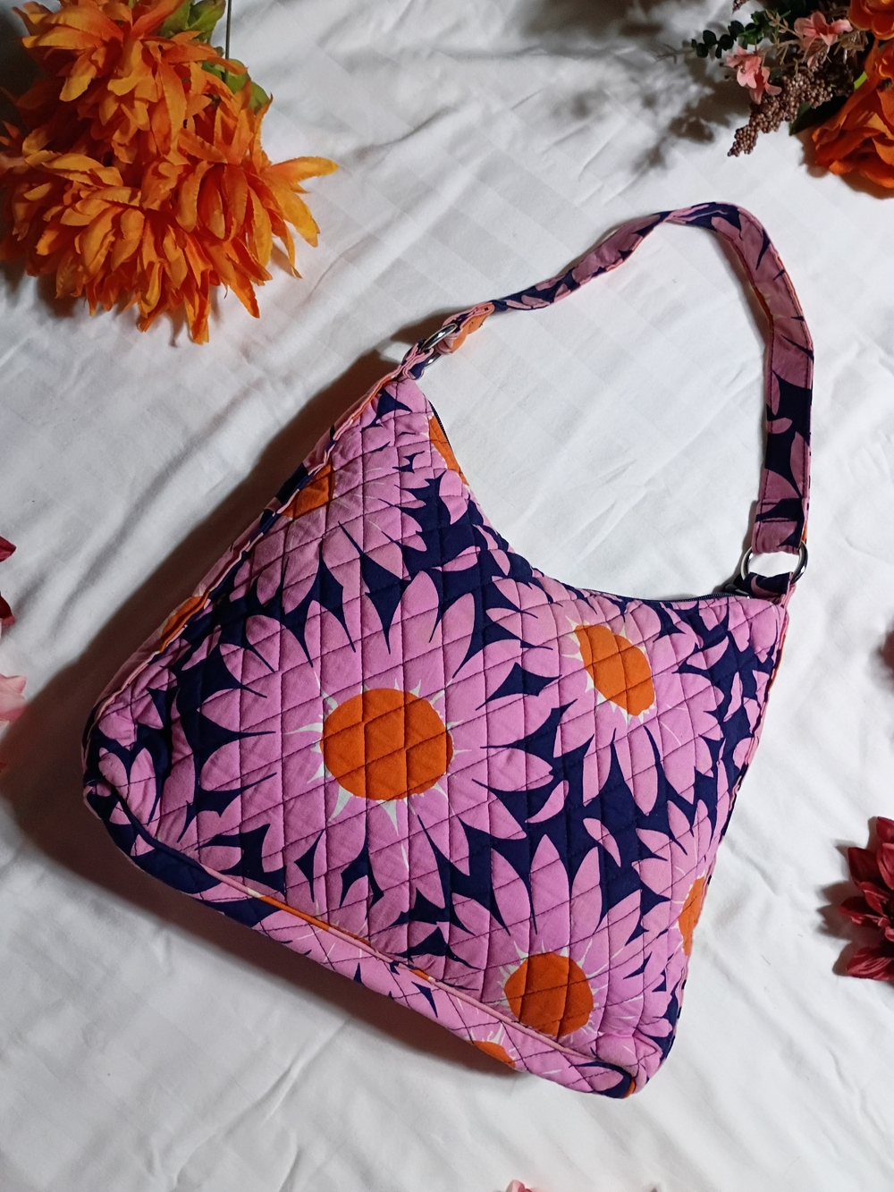 Vera Bradley Pink Floral Quilted Shoulder Bag with Orange and Pink Flowers